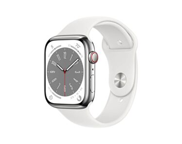 Apple Watch Series 8 GPS + Cellular Koperta 45mm ze Stali nierdzewnej w kolorze Srebrnym z Paskiem sportowym w kolrze Białym - Outlet
